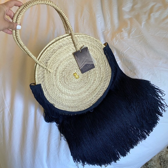 Palma Canaria Navy Fringe Straw Bag - Picture 1 of 6